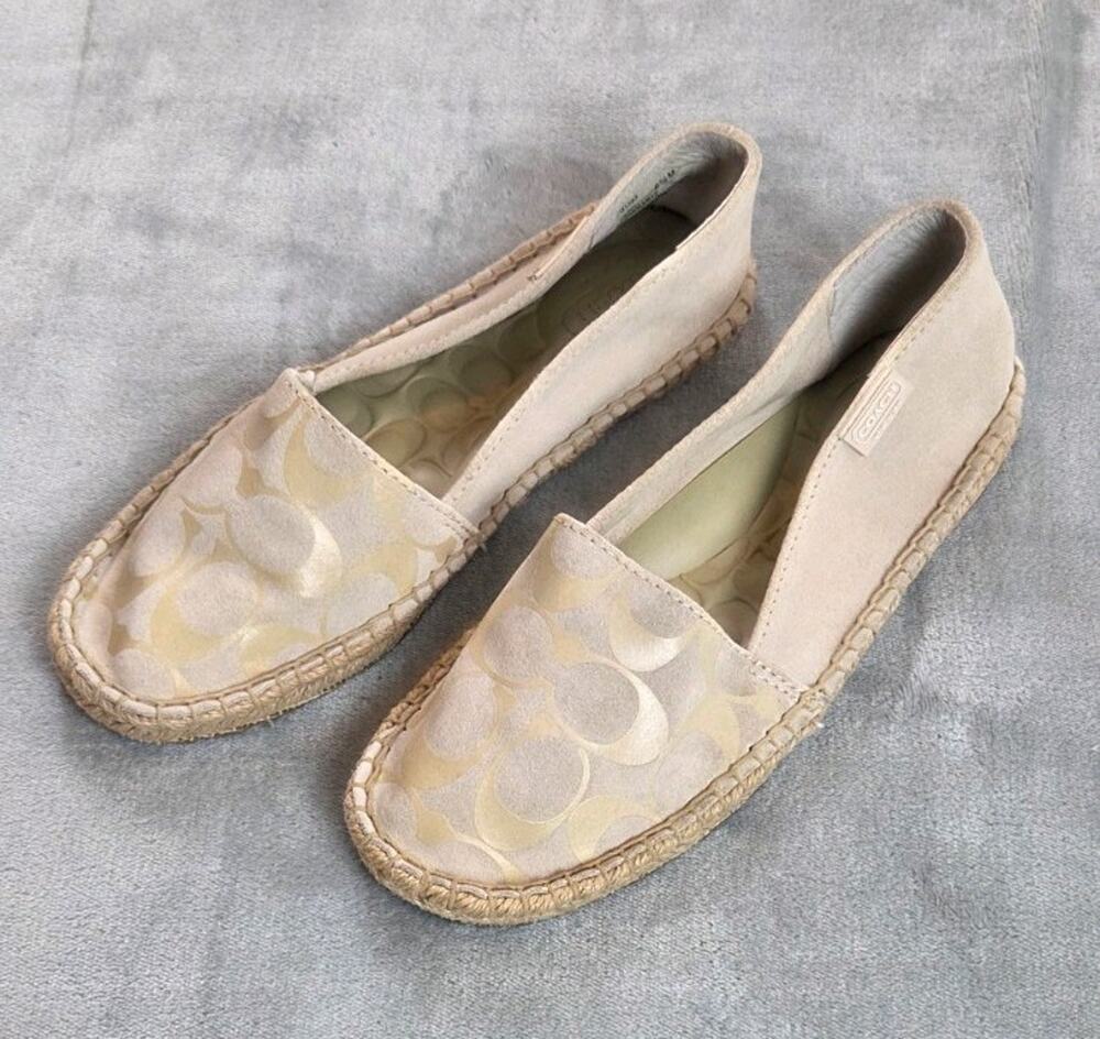 Coach Logo Espadrille flats Womens 6.5 Ivory tan Suede Leather signature "c"